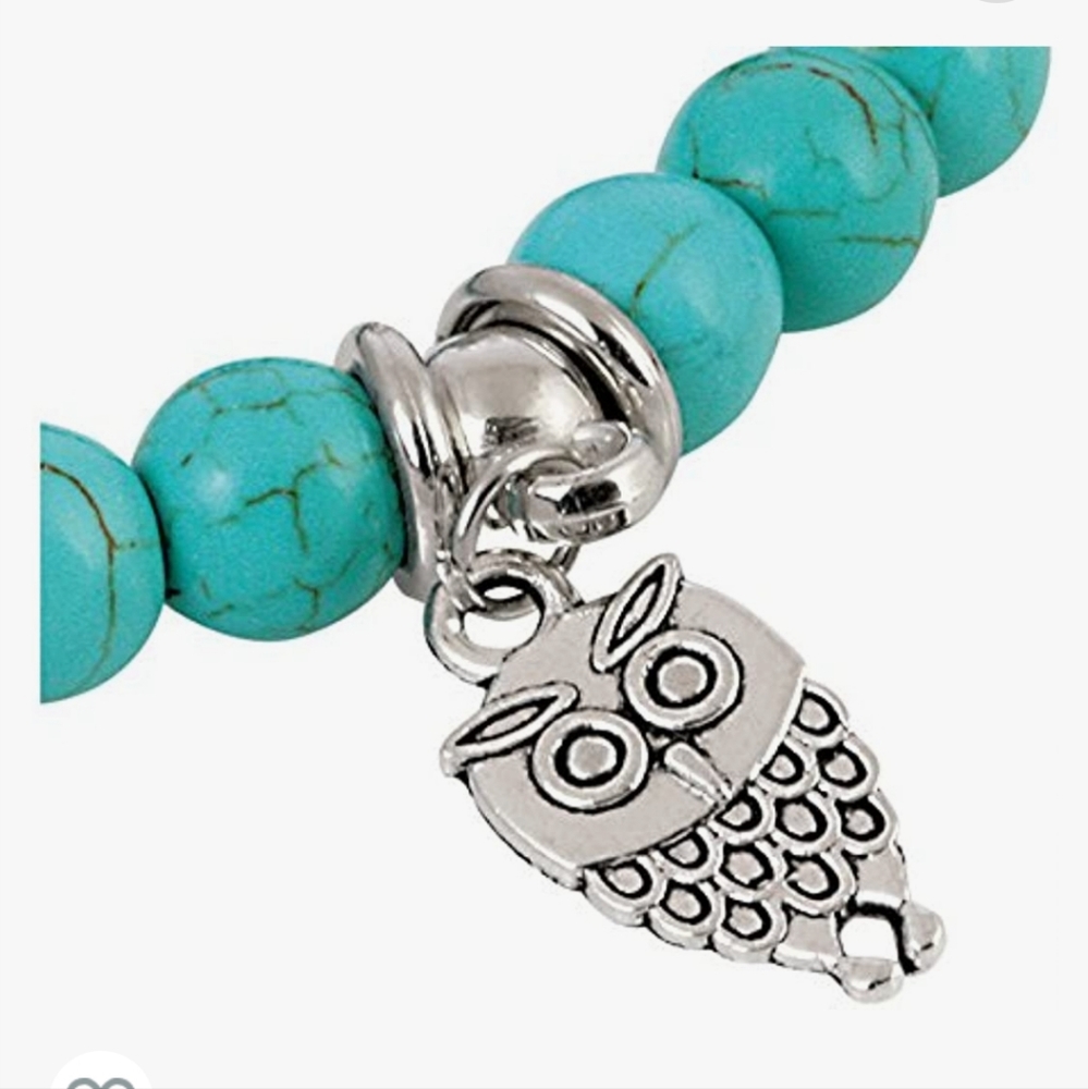Turquoise Owl Charm and Beaded Stretch Bracelet - Picture 2 of 6